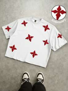 Manfinity EMRG 男士街头风全刺绣休闲日常T恤，送给男友、老公、周年纪念日的礼物，白色T恤，男士设计师T恤，2000年代风格 - 白色 - 查看 4