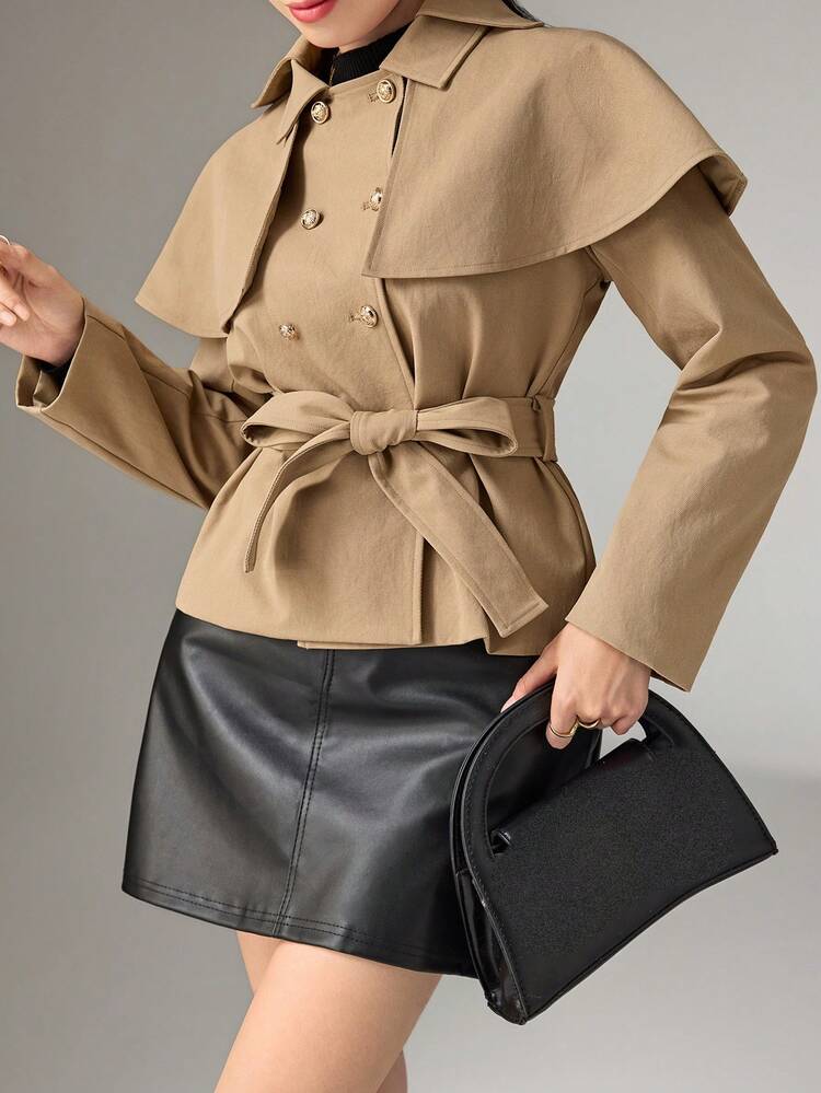 Women's Solid Color Overlap Double-Breasted Tie Waist Shawl Collar Long Sleeve Trench Coat, Fashionable & Versatile