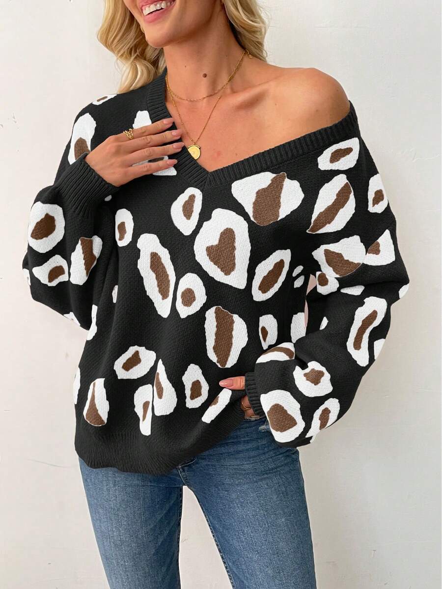 EMERY ROSE New Asymmetrical Round Neck Loose Pullover Knit Sweater For Women, Autumn/Winter - Black - View 1