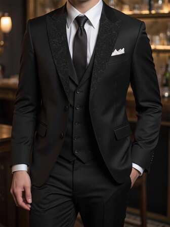 Manfinity Bizformal Men's 2pcs Suit Set Suit Men's Business Casual Single-Breasted Suit Jacket And Pants, Featuring A Shawl Neck Design For Added Style And Layering, Suitable For Commuting, Business, Parties And Banquets. This Suit Set Is An Indispensable Versatile Piece In A Man's Wardrobe, Making It A Great Gift For Boyfriends Or Husbands Suits For Men Party