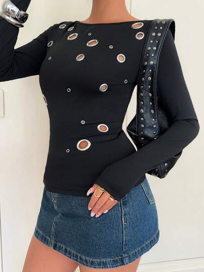 Siren Gaze Dammode Sexig Ihålig Metallringdekor T-shirt