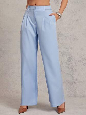 L'Amorae Women's Solid Color Minimalist Wide Leg Pants, Everyday Wear