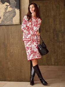 Hansera Autumn/Winter New Floral Romantic Elegant Single-Breasted Knitted Cardigan And Knitted Midi Skirt Graceful Set, Suitable For Christmas, New Year, French Style - Apricot - View 1