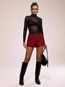 SHEIN BAE Women's Solid Color Waist Button Design Casual Commuter Shorts - Burgundy - View 6