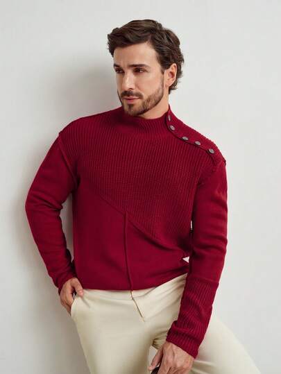 Manfinity CityGents Men's Solid Color Stand Collar Button Shoulder Design Long Sleeve Casual Sweater, Autumn/Winter