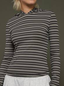 COUREZ Langärmliges, tailliertes Kapuzenshirt mit Streifenmuster / Herbst/Winter-Kleidung für Damen, Ausgeh-Tops, Party-Tops, Sommer-Tops, Streetwear-Langarm-Tops