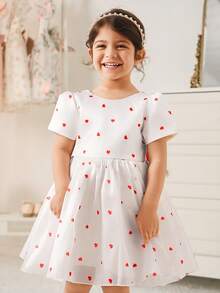 Glamorique Kids 女婴白色爱心印花泡泡袖连衣裙 红色蝴蝶结露背甜美公主派对连衣裙 - 白色 - 查看 4