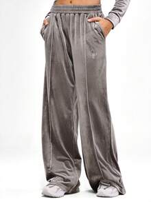 BABYPHAT Wide Leg Velour Trackpants With Embroidered Logo Elastic Waistband Side Pockets Luxurious Comfortable Loungewear Fall Winter Casual Pants - Grey - View 3