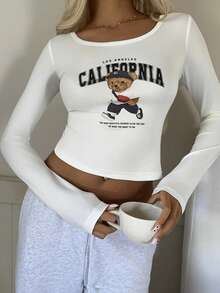 CovetEZ 印花休闲修身短袖长袖女式T恤 - 白色 - 查看 6