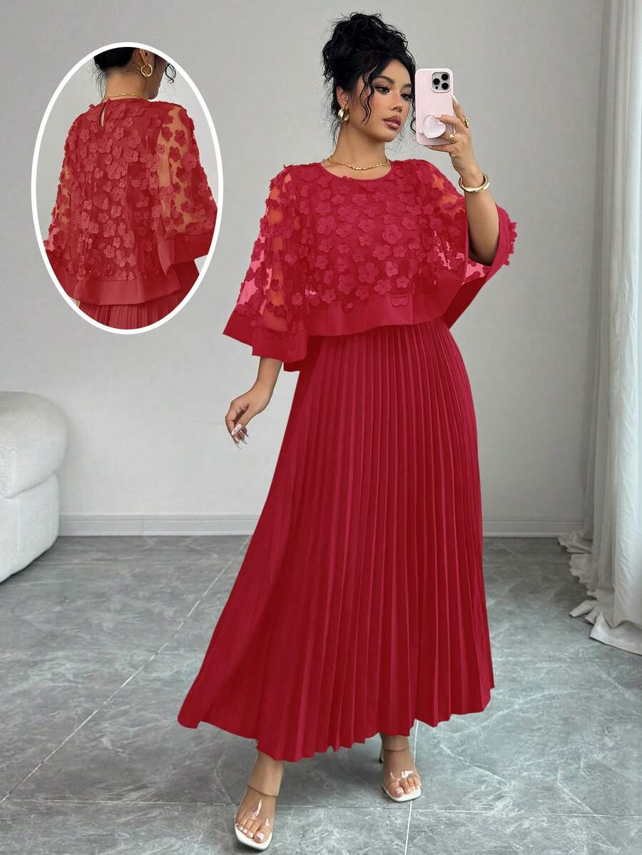 Elenzga 女士圆领网纱拼接贴花披肩设计时尚生日派对婚礼礼服 - 紅色 - 查看 1