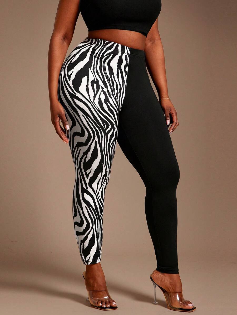 Radiana Plus Size Women Leopard Print Black Leporad Print High Waist Leggings, Suitable For Date Night, Birthday, Bachelorette Party, Casual Sexsy, Shopping, Streetwear, Club, Easy To Match Looks Slim, Accent Your Body, Flatter The Figure, For Winter - Black and White - View 1