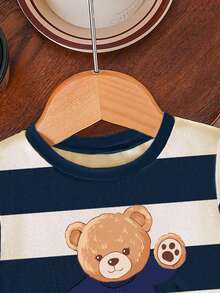 SHEIN Playful Pals Baby Boy Fashionable & Comfortable Casual Crew Neck Short Sleeve T-Shirt Set, Featuring Cute Bear & Striped Allover Print Design, Loose Fit Crew Neck Tee, Spring/Summer Outfit, Streetwear, Suitable For Outdoor Picnic, Street Photography, Campus, Holidays, Gifts - Multicolor - View 4