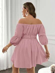 SHEIN LUNE Vestido elegante para mujer de talla grande con hombros descubiertos, tirantes con lazo y borde con volantes - Rosa - Ver 2
