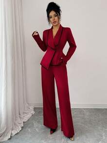 SHEIN Tall 两件套女士时尚撞色修身外套+纯色裤子套装 - 紅色 - 查看 7