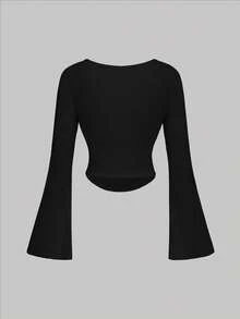 SHEIN MOD 3pcs Women Casual Solid Color Bell Sleeve Ruched T-Shirts - Grey - View 10