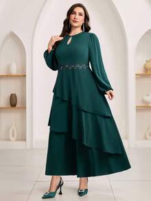 Modelyn Đầm dài tay cổ tròn tối giản màu trơn cỡ lớn - Màu xanh lá cây đậm - Xem 5