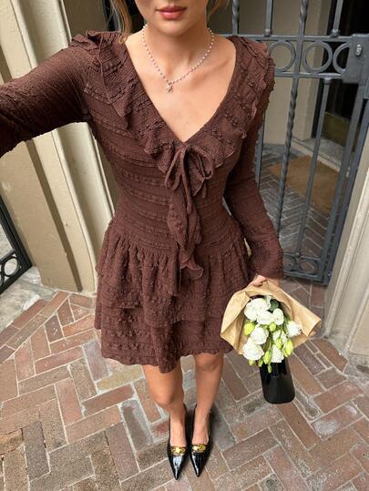 Serisse Women's Ruffle Hem Front Tie Patchwork Dress,Lace-Trimmed Dress, Brown Short Dress, Long Sleeve Elegant Dress,Brown Wedding Guest Dress, Elegant Dress Women, Coffee Brown Dress,Chocolate Brown Dress,Brown Elegant Dress Women,Dress Modest,Elegant Dresses For Party,Elegant Dress For Commuting, Fashionable Dress,Women's Winter Dress,Elegant Dresses For Women ,Brown Dress, Dark Brown Dress,Winter Outfit For Women,Casual Outfit For Women,Breakfast Outfits For Women, Suitable For Casual And Vacation,Spring/Autumn,French Style Clothes, Paris Outfits Women, European Style Clothes, Europe Vacation Outfit, Autumn/Winter,Suitable For All Seasons,Winter Outfit For Women,New Year Clothes,New Year Women,French Casual Commuting Outfit,Vintage, Minimalist, Suitable For Daily Wear,  French Style Clothes, European Style Clothes