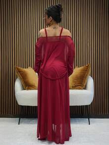 SAYEHFBABY Elegant Satin Lace Long Robe Nightgown Pajama Set For Women, Girl Style - Burgundy - View 2