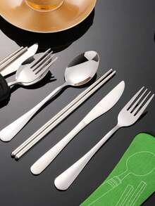 4 件套不锈钢餐具套装筷子刀叉勺（蓝色/紫色/粉色/绿色）和 3 件套银质餐具旅行餐饮必需品 - 彩色 - 查看 5