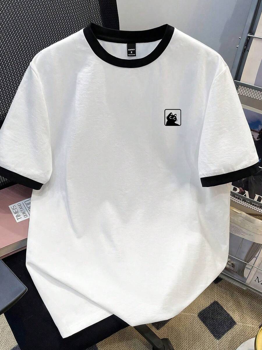 Manfinity Joysei 加大码男士趣味可爱黑猫图案撞色T恤，适合上学或送给朋友