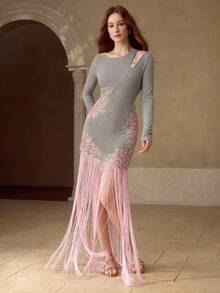 MOTF PREMIUM CUTOUT SHOULDER CONTRAST SEQUINS FLORAL EMBROIDERY MESH APPLIQUES FRINGE HEM DRESS - Pink - View 3