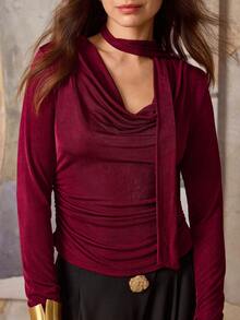 Hansera Femmes T-shirt ajusté à manches longues avec col drapé, volants et nœud devant. Couleur unie, convient pour le port quotidien, la Saint-Valentin, Noël, les rendez-vous, élégant, automne. T-shirt ajusté à manches longues, col drapé, volants et nœud devant, rouge, simple et élégant - Rouge foncé - Voir 3