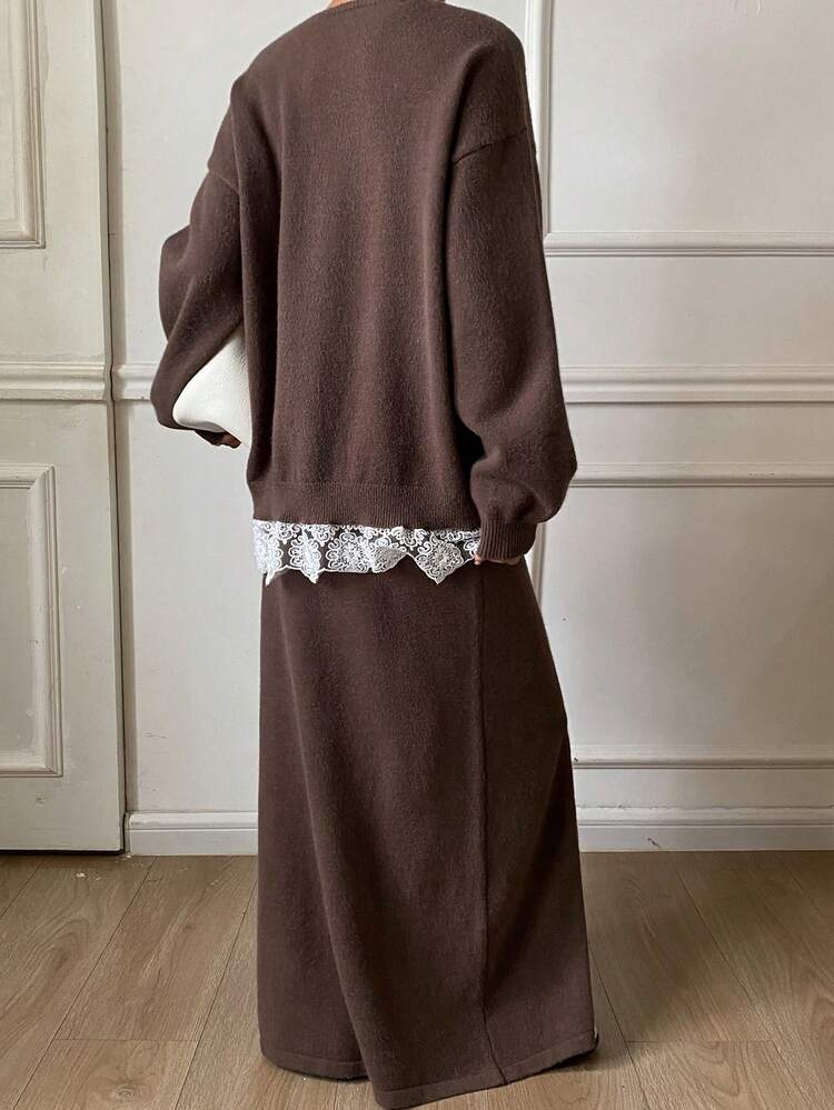 2pcs/Set Women's Loose Business Casual Lace Patchwork Fashion Street Elegant Brown Sweater Set, Suitable For Autumn, Spring, New Year, Christmas