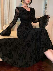 DAZY Elegant Black Frill Trim Waist Midi Dress, Suitable For New Year, Christmas, Wedding, Party, Formal Occasions, Spring/Autumn/Winter - Black - View 7