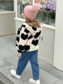 女童可爱黑色爱心时尚舒适连帽长袖外套，秋冬季女童爱心外套，幼儿女童爱心外套，儿童爱心外套，女童爱心印花外套，爱心抓绒外套 - 杏色 - 查看 2