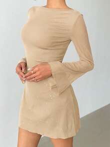 Aloruh Vestido mini ajustado elegante con lazo, espalda descubierta y tela con brillo - Albaricoque - Ver 6