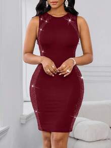 SHEIN Lady Váy ngắn không tay cổ tròn ôm sát đính sequin chắp vá cho nữ - Màu Đỏ Sâu - Xem 8
