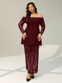 Auralis Plus Size Off Shoulder Solid Color Lace Patchwork Dress - Burgundy - View 6