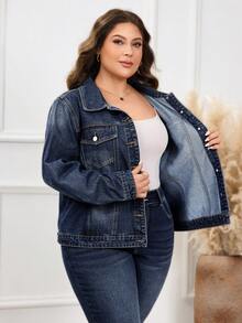 EMERY ROSE 大码女式长袖单排扣休闲牛仔外套 - 深色水洗藍 - 查看 6