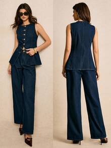 Poéselle Women's Fashion Commuter Vest & Jeans Set Women Denim Set Denim Outfit Women Women S Overall Sleeveless Top And Pants Set Jean Set Women Women Sets Two Piece - Dark Wash - View 1