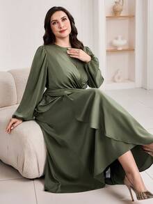Veilorie Vestido árabe elegante e plissado de cor sólida, tamanho grande, para mulheres. - Verde escuro - Ver 7