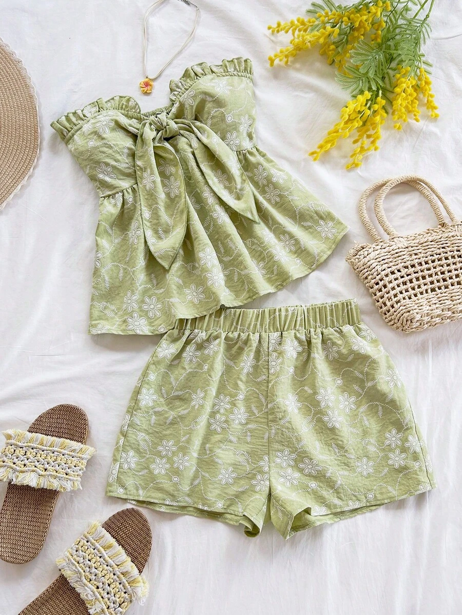 Soleia Women's Striped Print Ruffle Hem Twist Front Sleeveless Crop Top And Casual Shorts 2 Piece Set, Suitable For Party, Beach, Vacation Summer Lounge Set - Green - View 1