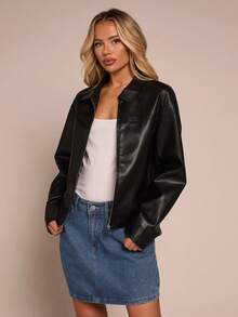Glamine 女士黑色PU领夹克，女士黑色夹克，时尚百搭摩托车夹克 - 黑色 - 查看 1