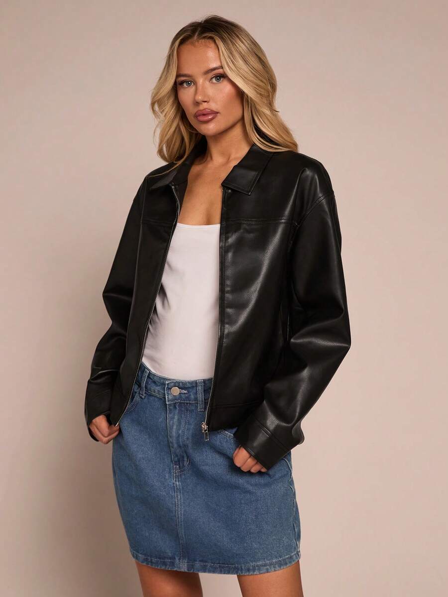 Glamine 女士黑色PU领夹克，女士黑色夹克，时尚百搭摩托车夹克 - 黑色 - 查看 1