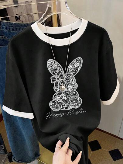 Resyla Easter, White Lace Bunny Bow, Colorblock Round Neck Women T-Shirt, Suitable For Daily And Holiday Wear
