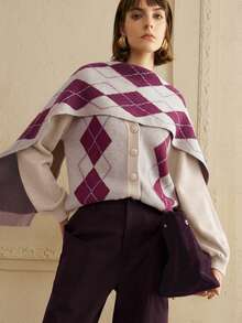 EMERY ROSE 女士宽松开衫，菱形图案设计，采用抓绒面料，休闲日常穿着 - 彩色 - 查看 9