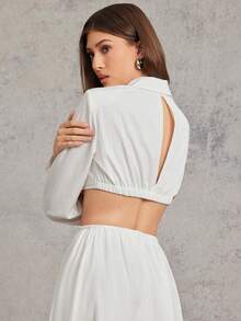 L'Amorae Women's Solid Color Long Sleeve Cropped Shirt, Suitable For Commuting - White - View 2