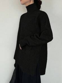 FRIFUL 女士纯色罗纹针织高领宽松休闲套头毛衣，侧开衩下摆，秋季款 - 黑色 - 查看 6
