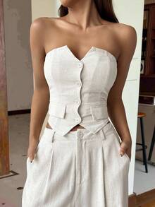 SHEIN EZwear Bộ hai mảnh áo ống màu trơn đơn giản và quần dài dành cho nữ - Màu be - Xem 5