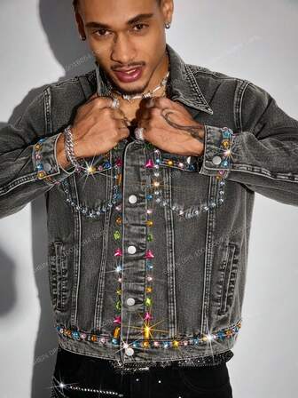 Street Life Giacca di jeans da uomo alla moda, lavata e consumata, con strass