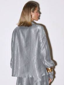 MUSERA Cowl Drape V Front Flowy Long Sleeve Plisse Shirt Co-Ord Top Only Occasion Night Out Going Out Autumn Winter Fall Sexy Classy Cute Mirage - Grey - View 4