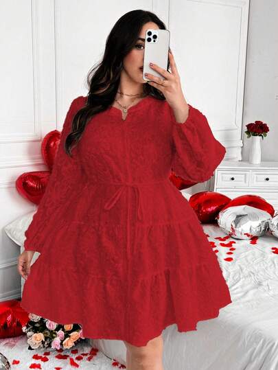 Vionelle Plus Size Mandarin Collar Open Front Jacquard Hem Splice Long Sleeve Dress, Featuring Valentine's Day Elements Such As Rose, Heart, Polka Dot, Love, Lip, Cupid, 94D Flower