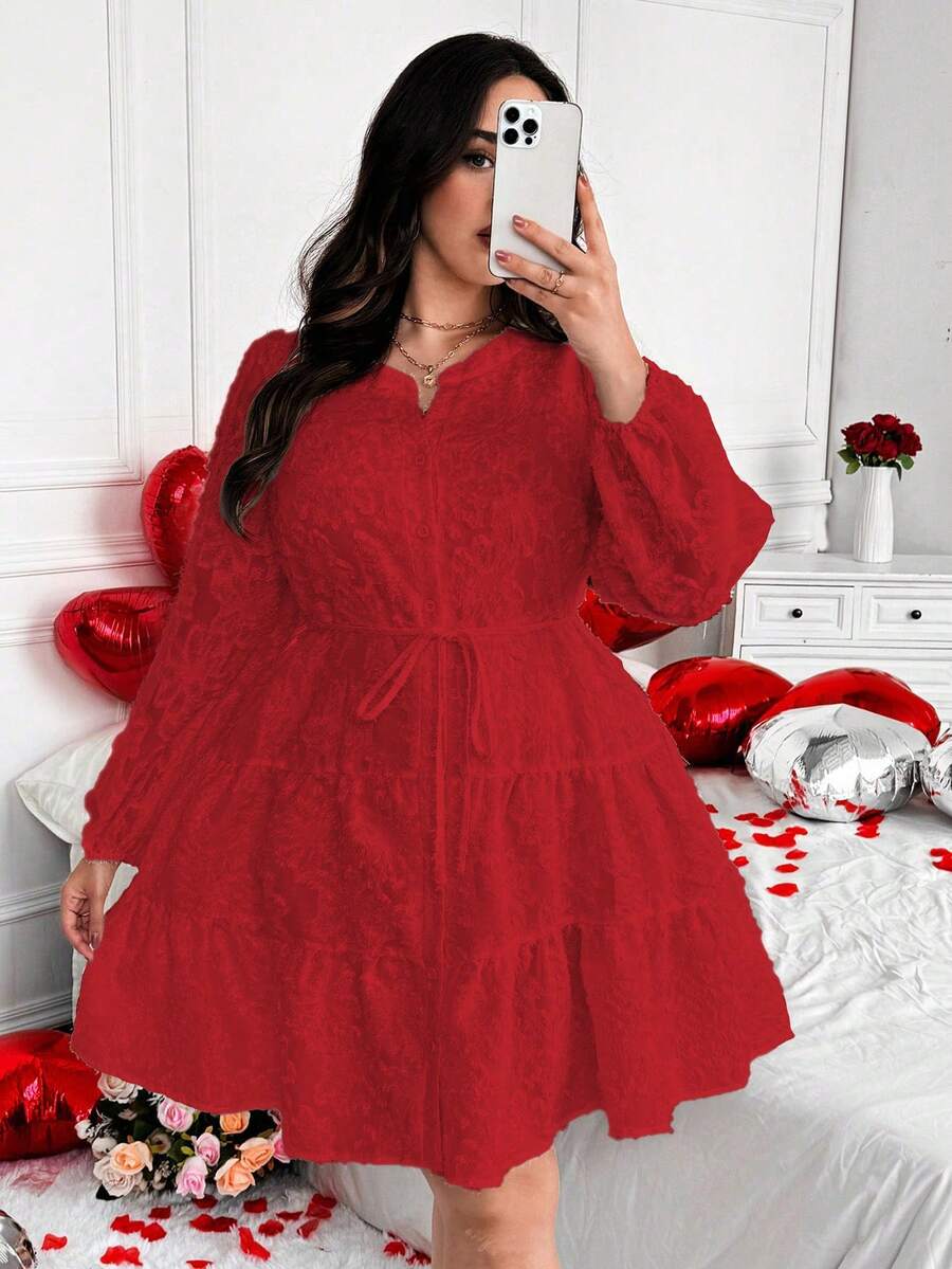 Vionelle Vestido de manga larga con cuello mao, abertura frontal y bajo jacquard, con elementos de San Valentín como rosa, corazón, lunares, amor, labios, cupido, flor 94D en tallas grandes - Rojo - Ver 1