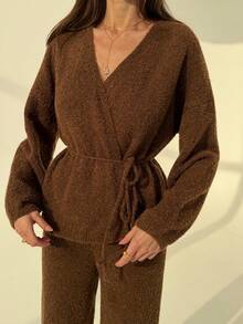 Aloruh 简约通勤咖啡色系带泡泡袖开衫+阔腿针织裤休闲套装，适合秋冬季办公室穿着。 - 咖啡棕 - 查看 10