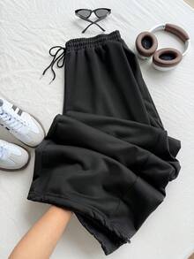 SHEIN EZwear Plus Size Casual Drawstring Black Sweatpants, Versatile & Stylish For Everyday Wear, Spring/Summer Graduation,Back To School Outfits,Graduation,Teacher Outfits For Women,Back To School - Black - View 6