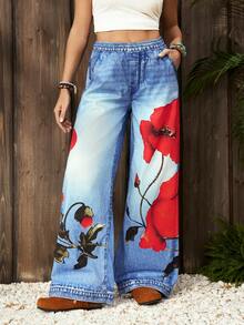 EMERY ROSE 女士休闲复古印花阔腿牛仔裤 - 中等水洗藍 - 查看 4